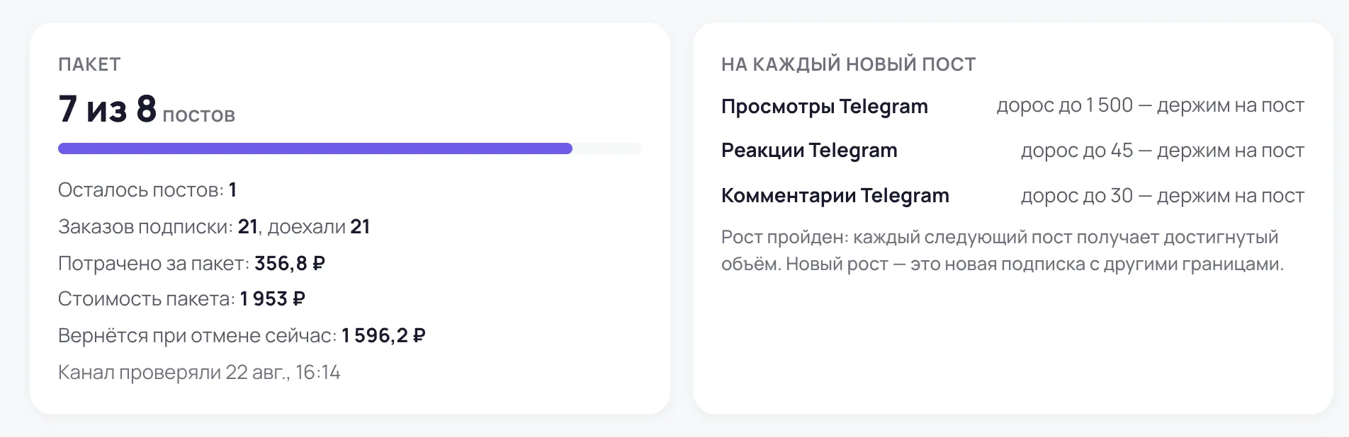 Карточка подписки: пакет 7 из 8 постов, заказов подписки 21, потрачено за пакет, состав на каждый новый пост