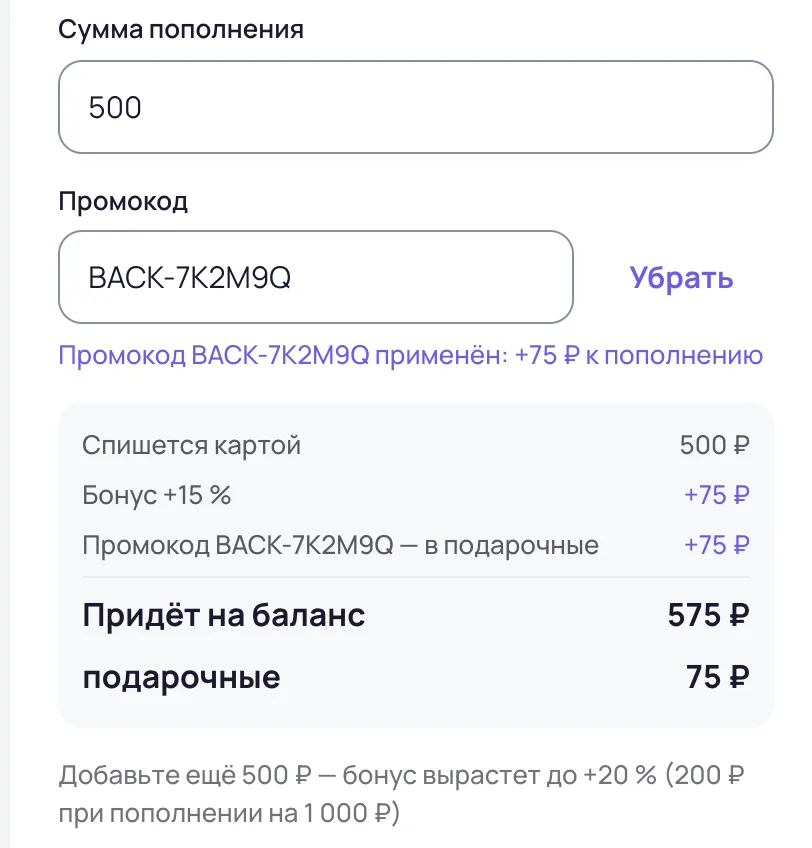 Форма пополнения с применённым кодом: бонус +15 % за сумму и +75 ₽ по коду в подарочные
