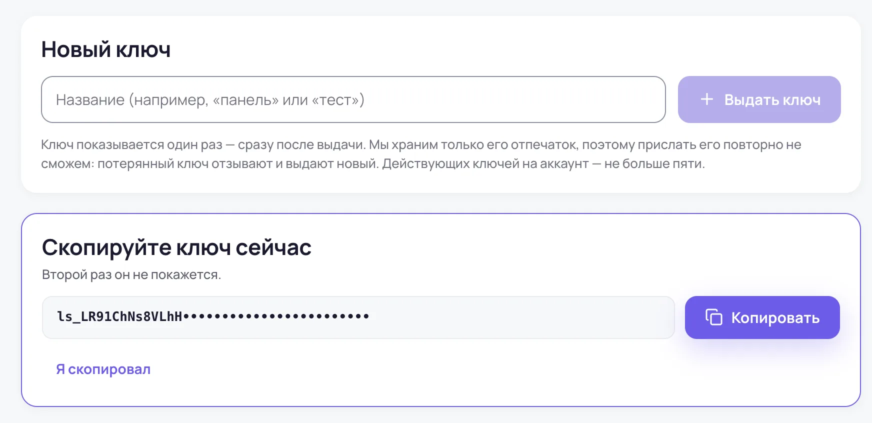 Раздел API в кабинете: выдача ключа и предупреждение «скопируйте ключ сейчас»